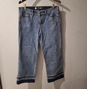 Karl Lagerfield Women's Medium Wash Denim Jeans Layered Hem Wide Leg Size 10